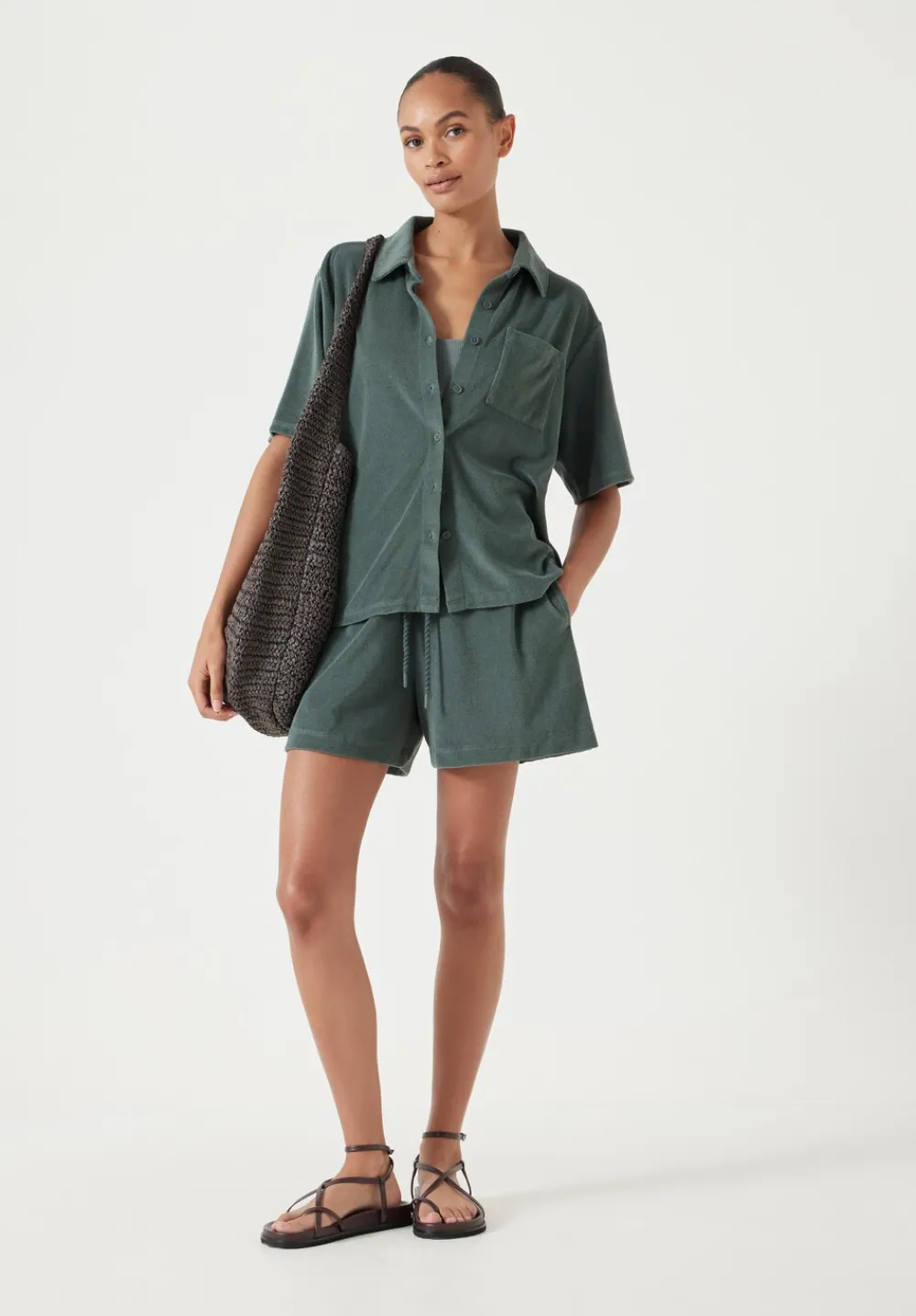 hush Tops & T-Shirts|Towelling Short Sleeve Shirt Sage Green