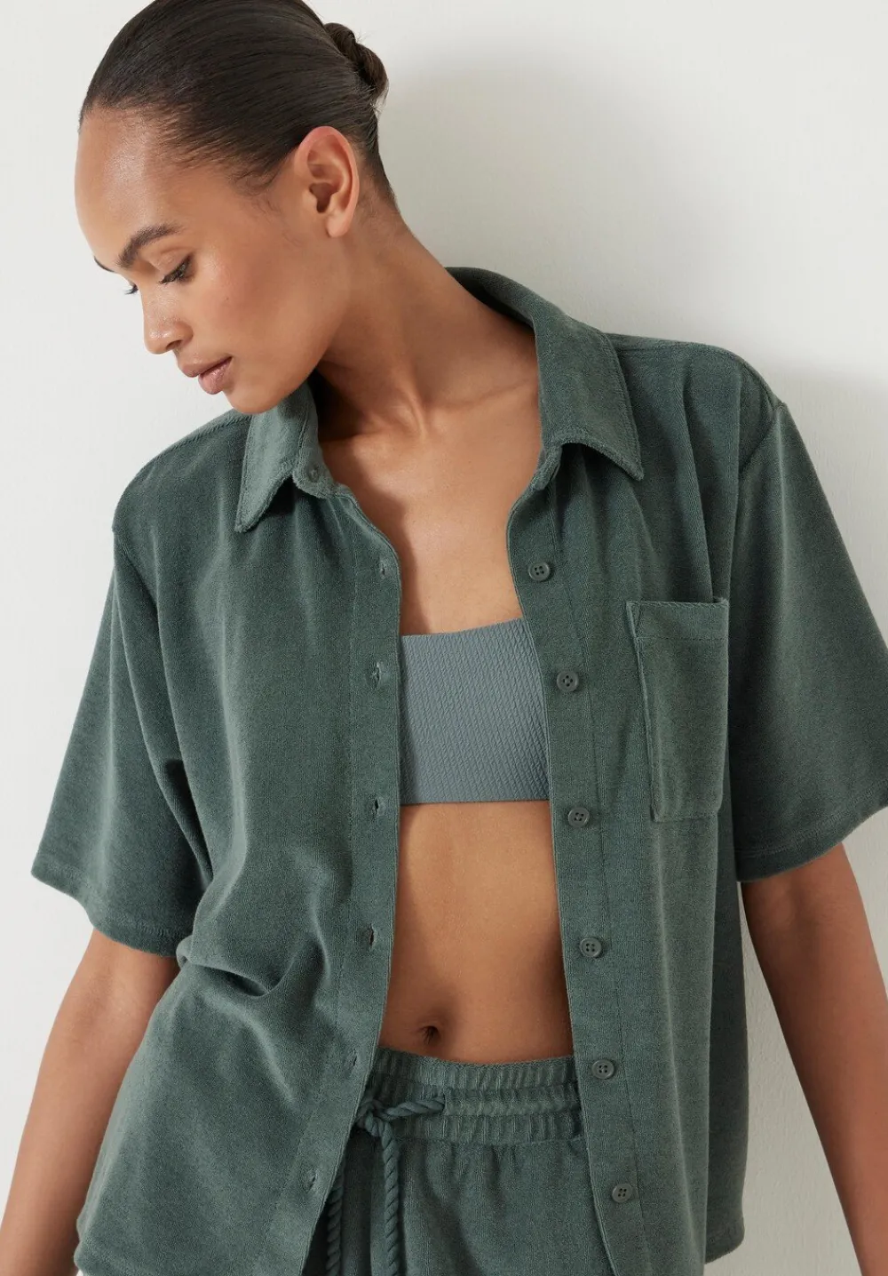 hush Tops & T-Shirts|Towelling Short Sleeve Shirt Sage Green
