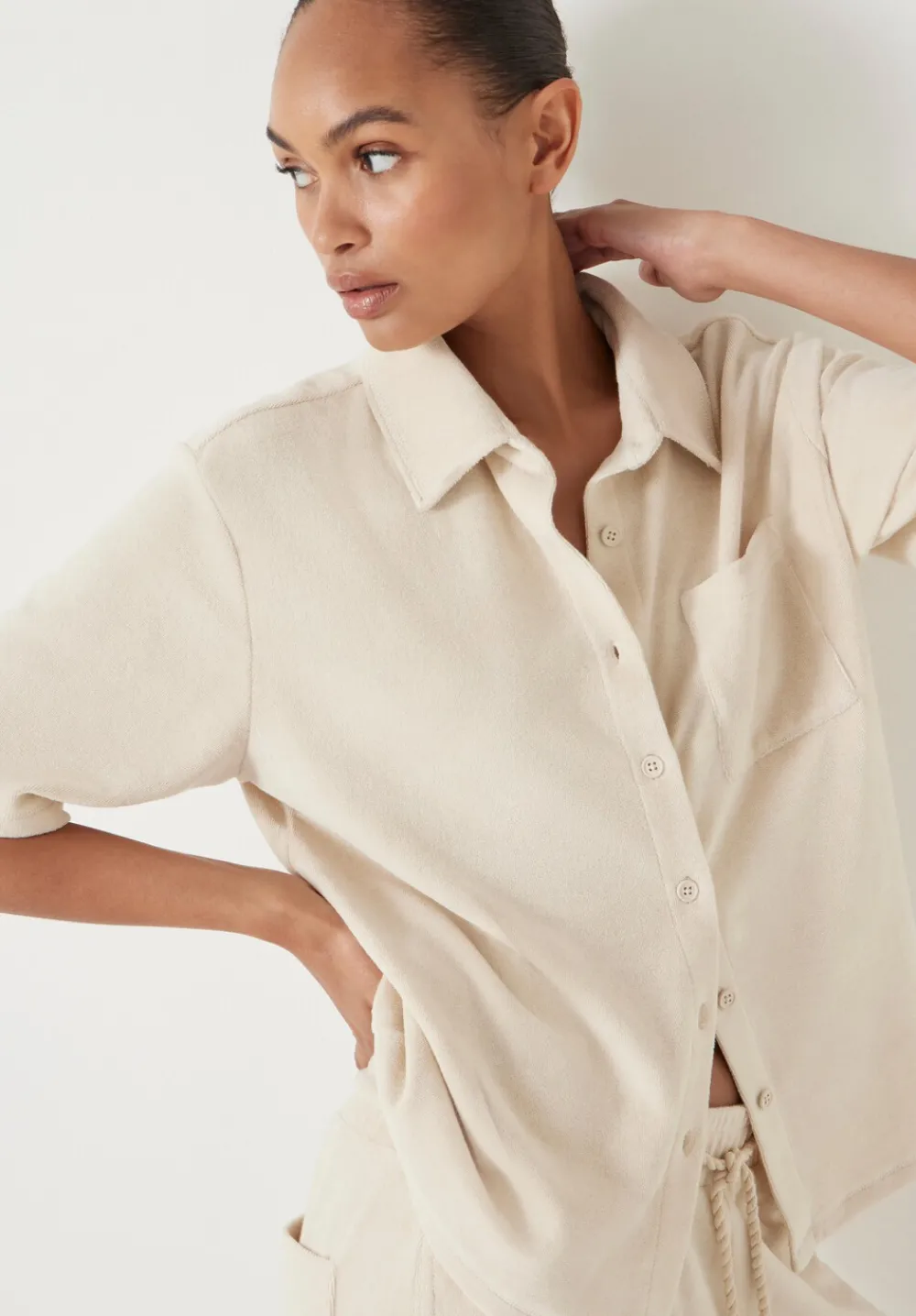 hush Tops & T-Shirts|Towelling Short Sleeve Shirt Stone White