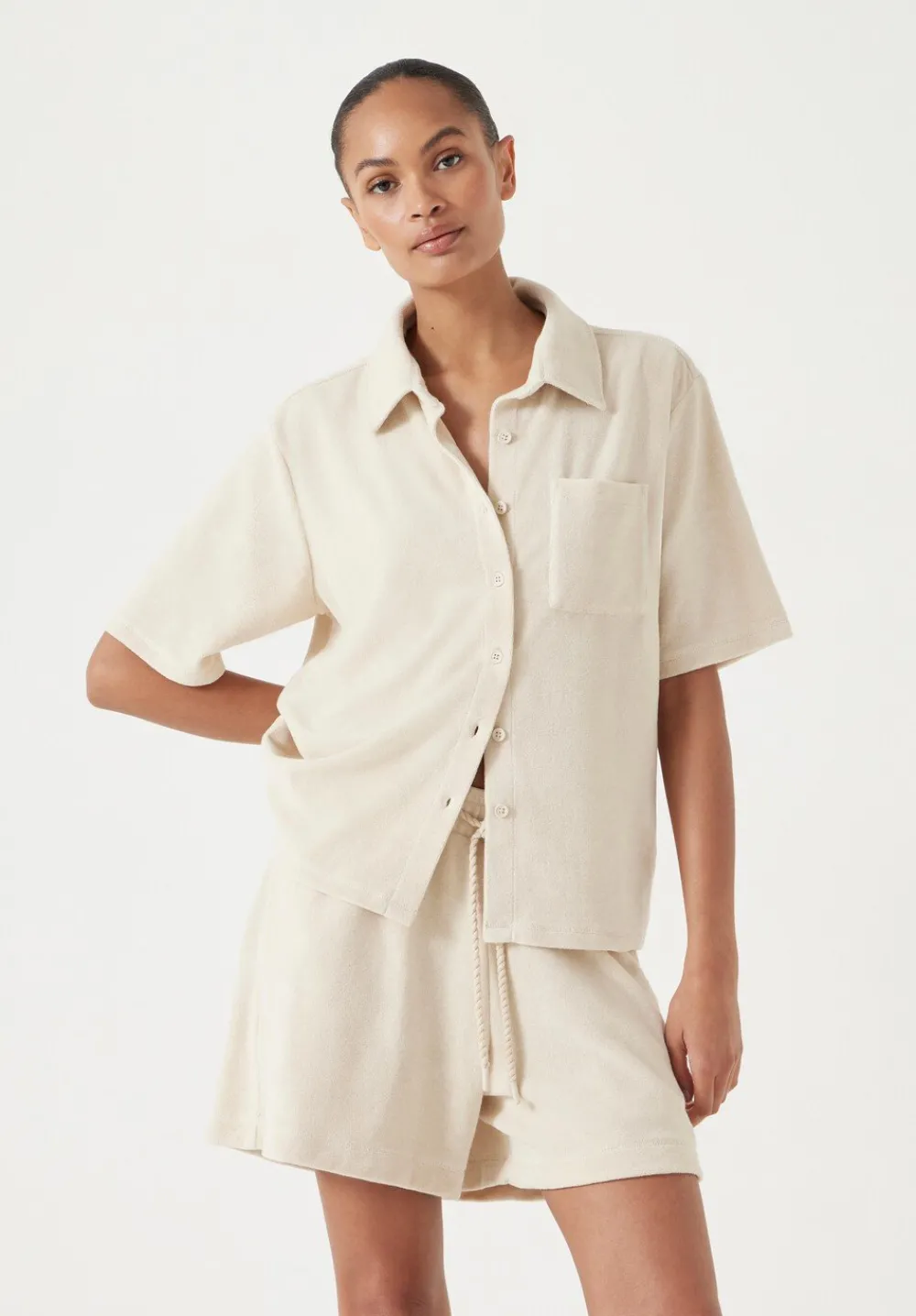 hush Tops & T-Shirts|Towelling Short Sleeve Shirt Stone White