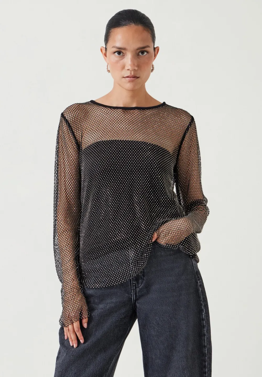 hush Tops & T-Shirts|Una Sparkle Long Sleeve Top Black Silver