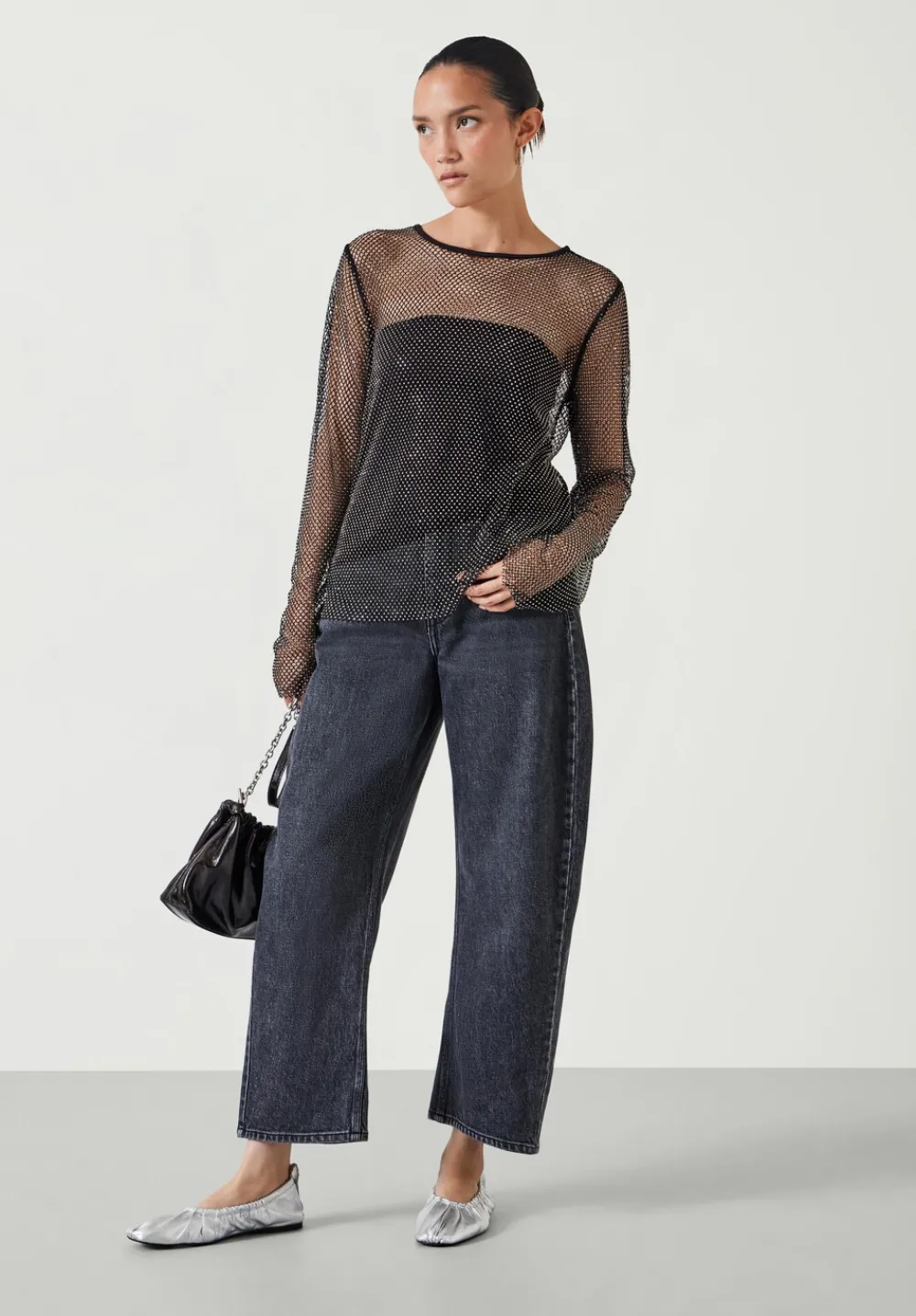 hush Tops & T-Shirts|Una Sparkle Long Sleeve Top Black Silver