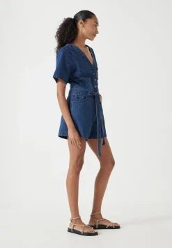 hush Jumpsuits|V Neck Denim Playsuit Mid Blue Authentic