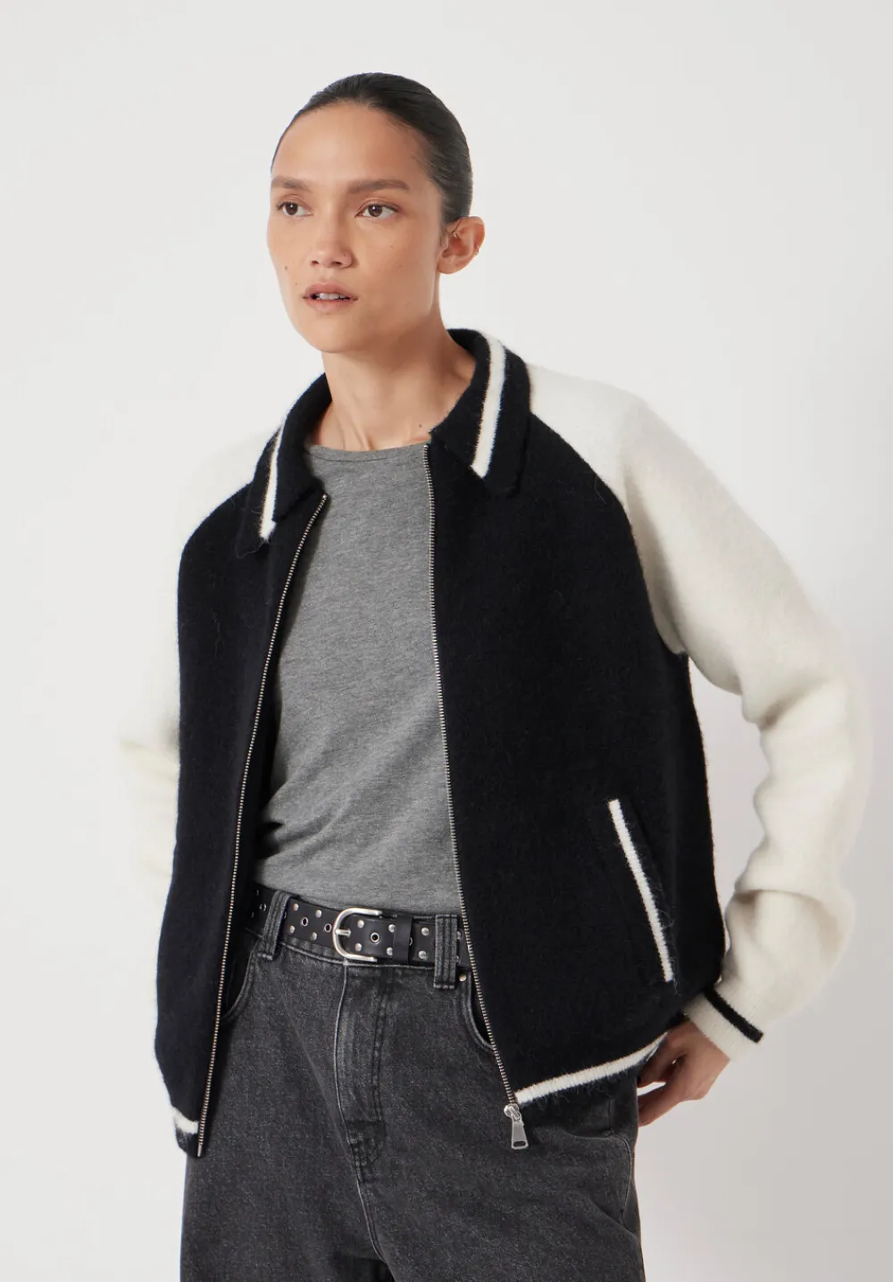 hush Jumpers & Cardigans|Varsity Logo Wool Blend Bomber Jacket Black/Ecru