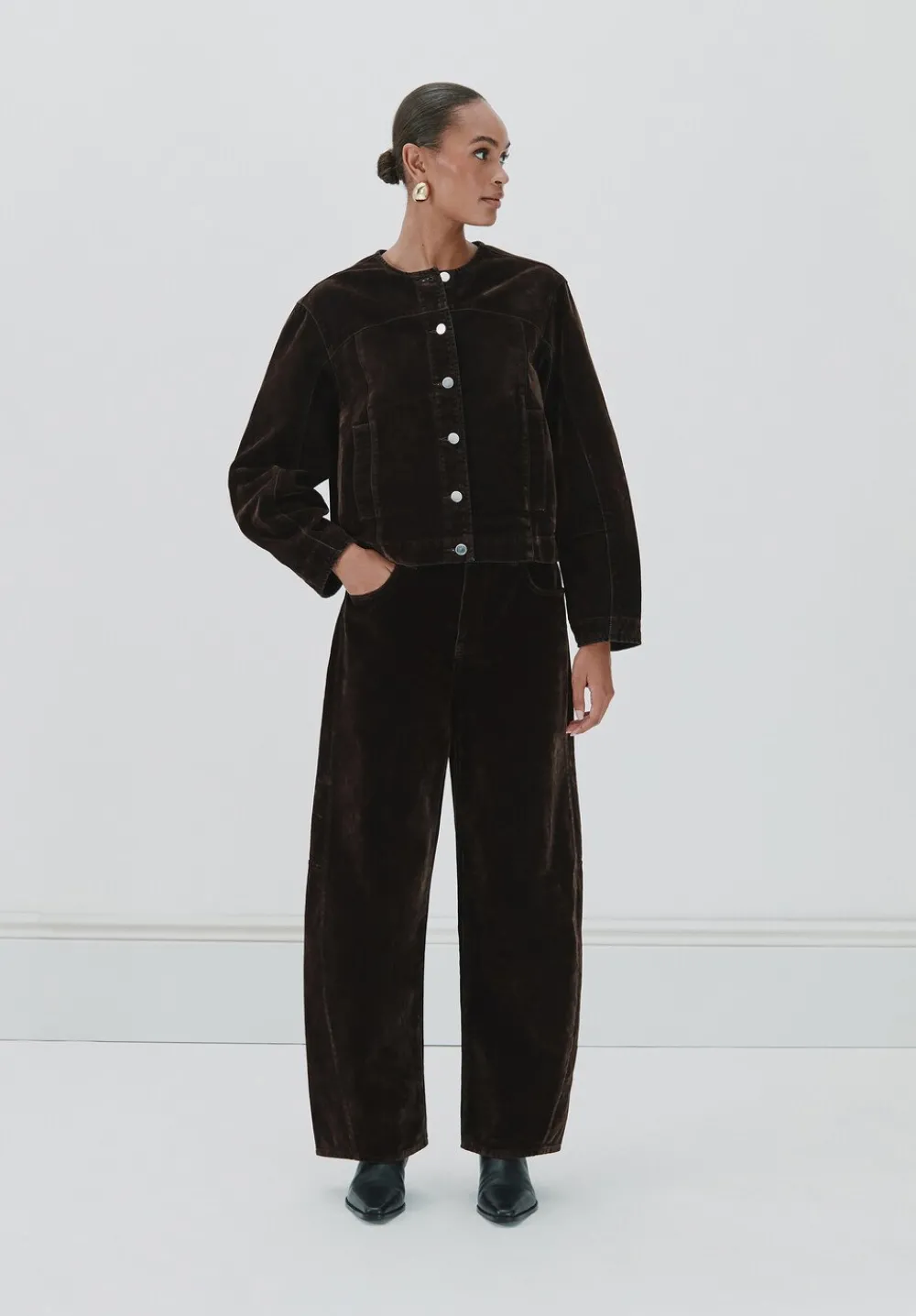 hush Jackets & Coats|Velma Velvet Denim Jacket Dark Brown