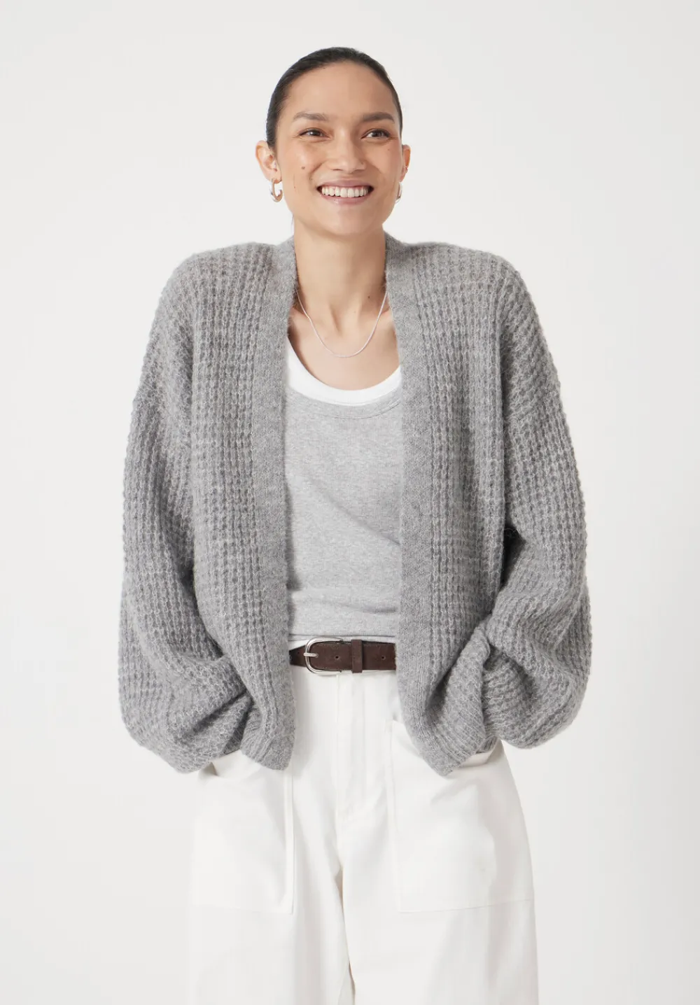 hush Jumpers & Cardigans|Waffle Stitch Wool Blend Edge to Edge Cardigan Light Grey Marl