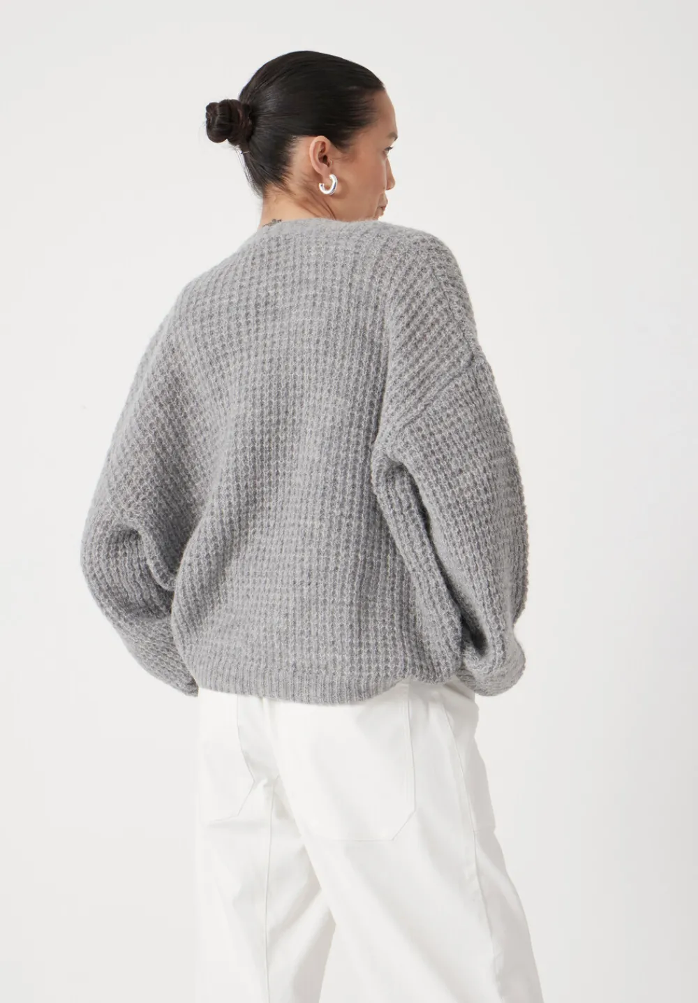 hush Jumpers & Cardigans|Waffle Stitch Wool Blend Edge to Edge Cardigan Light Grey Marl