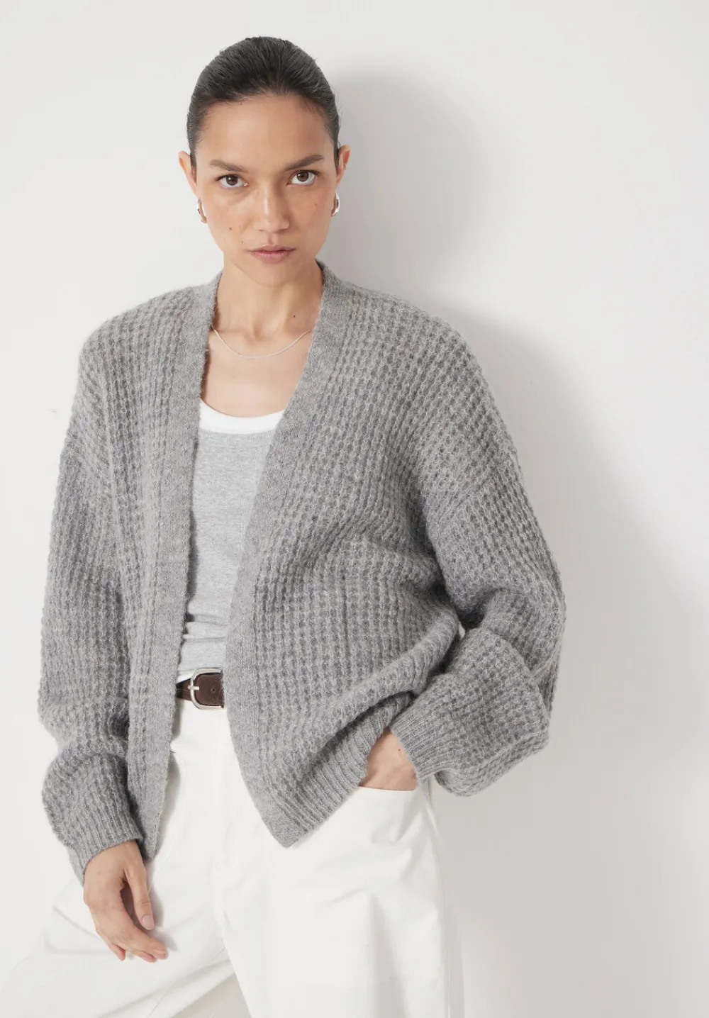 hush Jumpers & Cardigans|Waffle Stitch Wool Blend Edge to Edge Cardigan Light Grey Marl