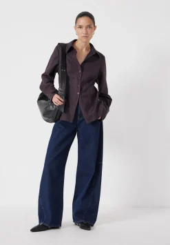 hush Shirts & Blouses|Waisted Checked Wool Shirt Burgundy Purple