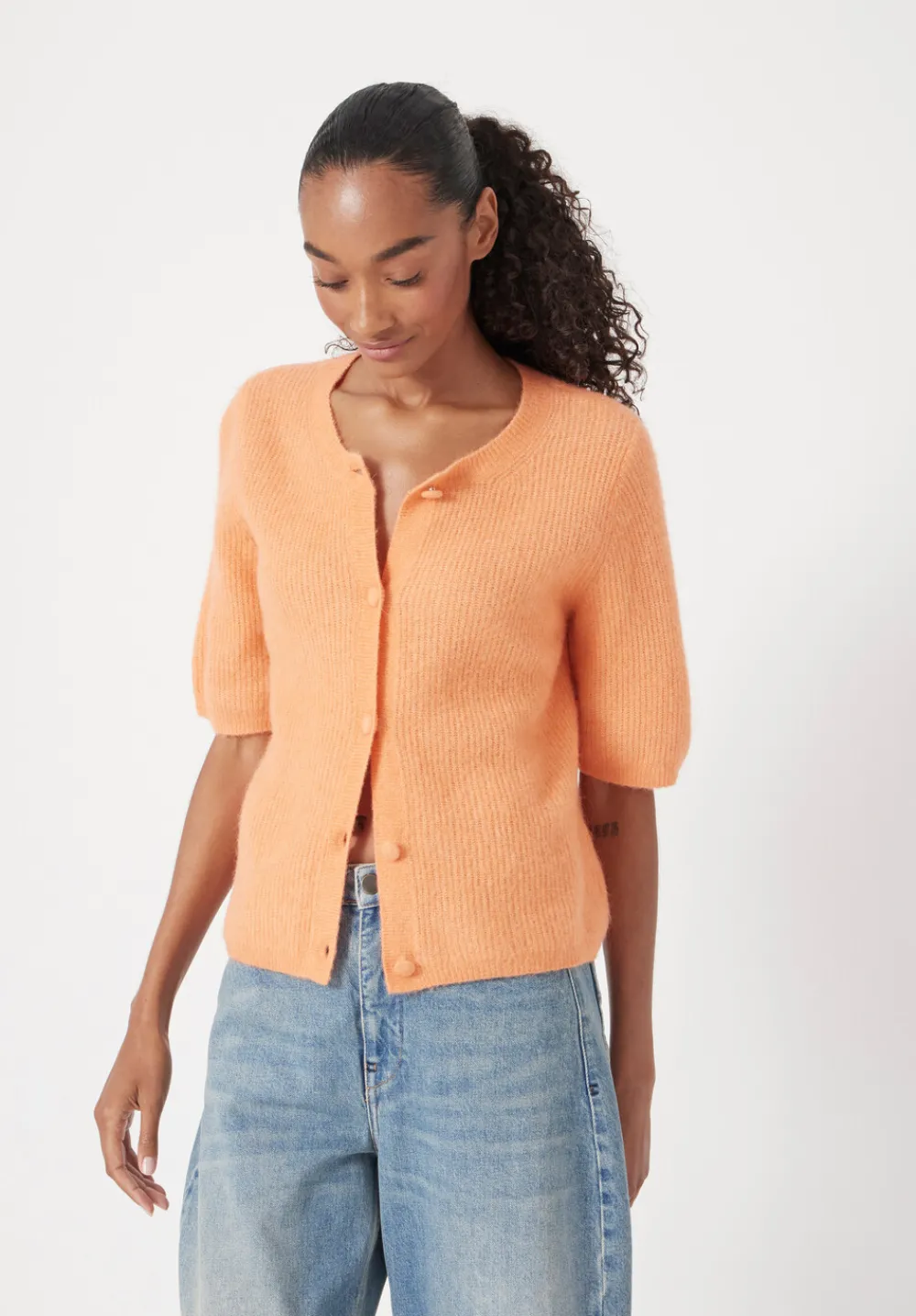 hush Jumpers & Cardigans|Wool Blend Short Sleeve Ribbed Cardigan Peach Orange