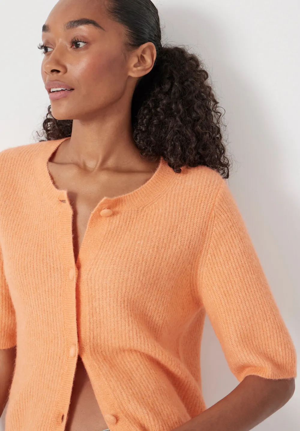 hush Jumpers & Cardigans|Wool Blend Short Sleeve Ribbed Cardigan Peach Orange