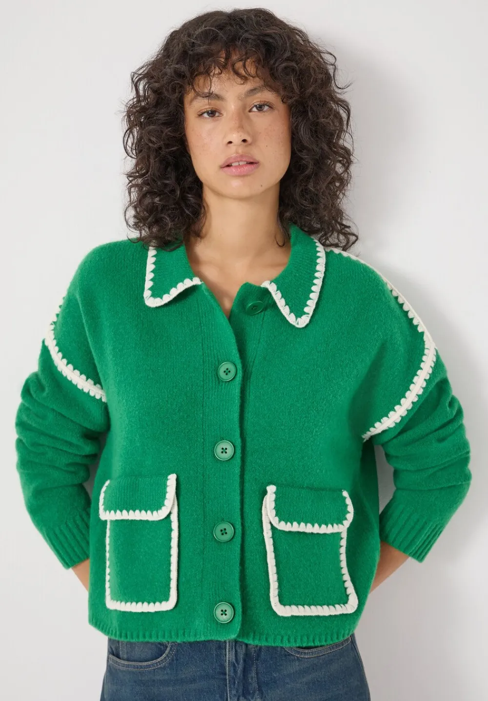 hush Jumpers & Cardigans|Wool Blend Whipstitch Trim Shirt Jacket Bright Green