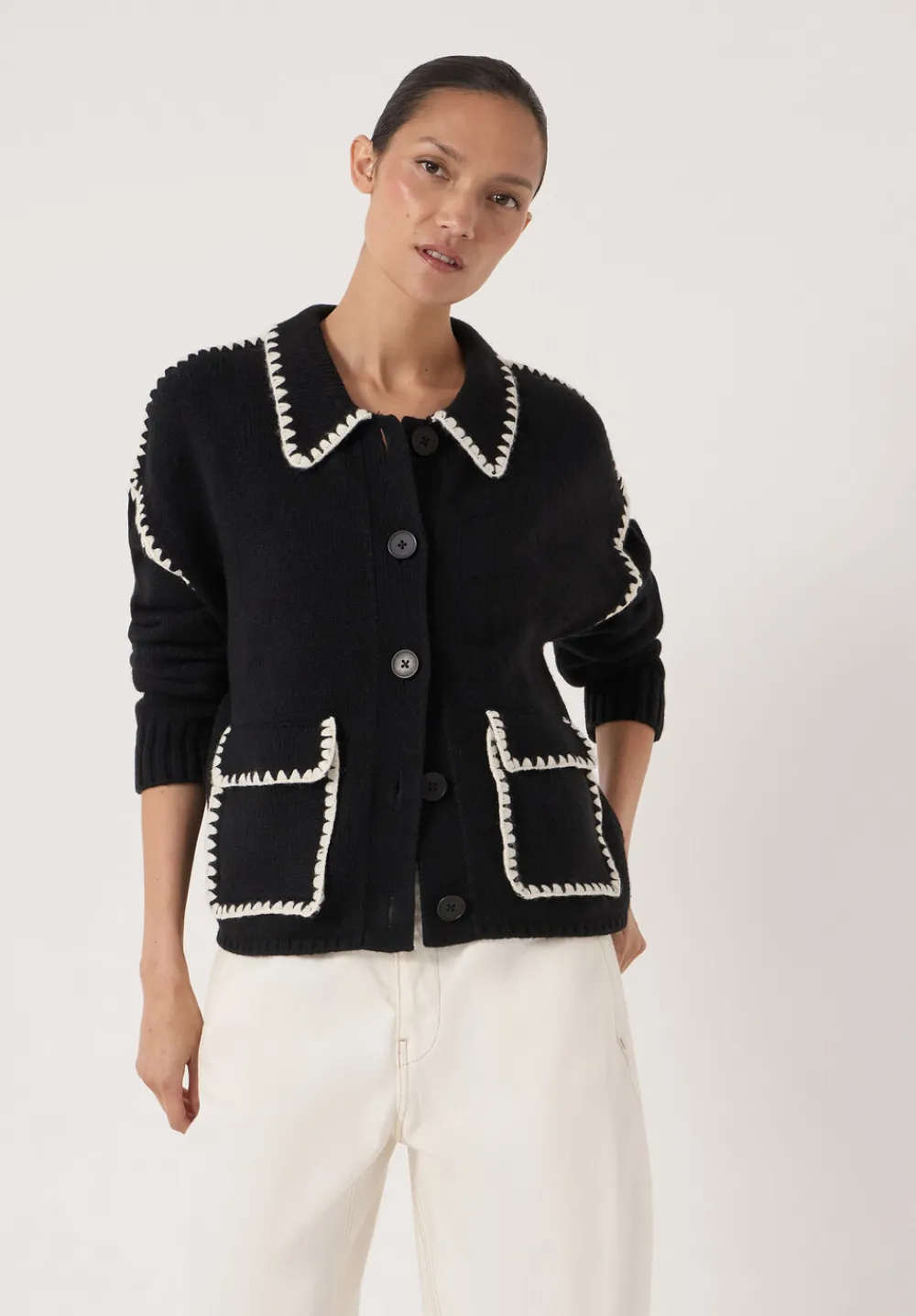 hush Jumpers & Cardigans|Wool Blend Whipstitch Trim Shirt Jacket Black