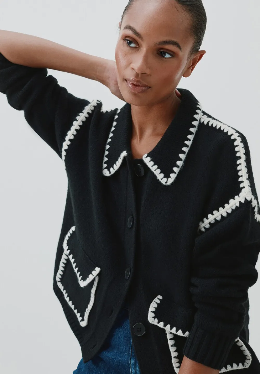 hush Jumpers & Cardigans|Wool Blend Whipstitch Trim Shirt Jacket Black