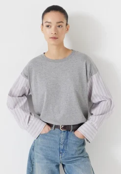 hush Tops & T-Shirts|Woven Mix Long Sleeve T-Shirt Grey Marl