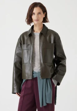 hush Jackets & Coats|Zip Front Leather Jacket Olive Green