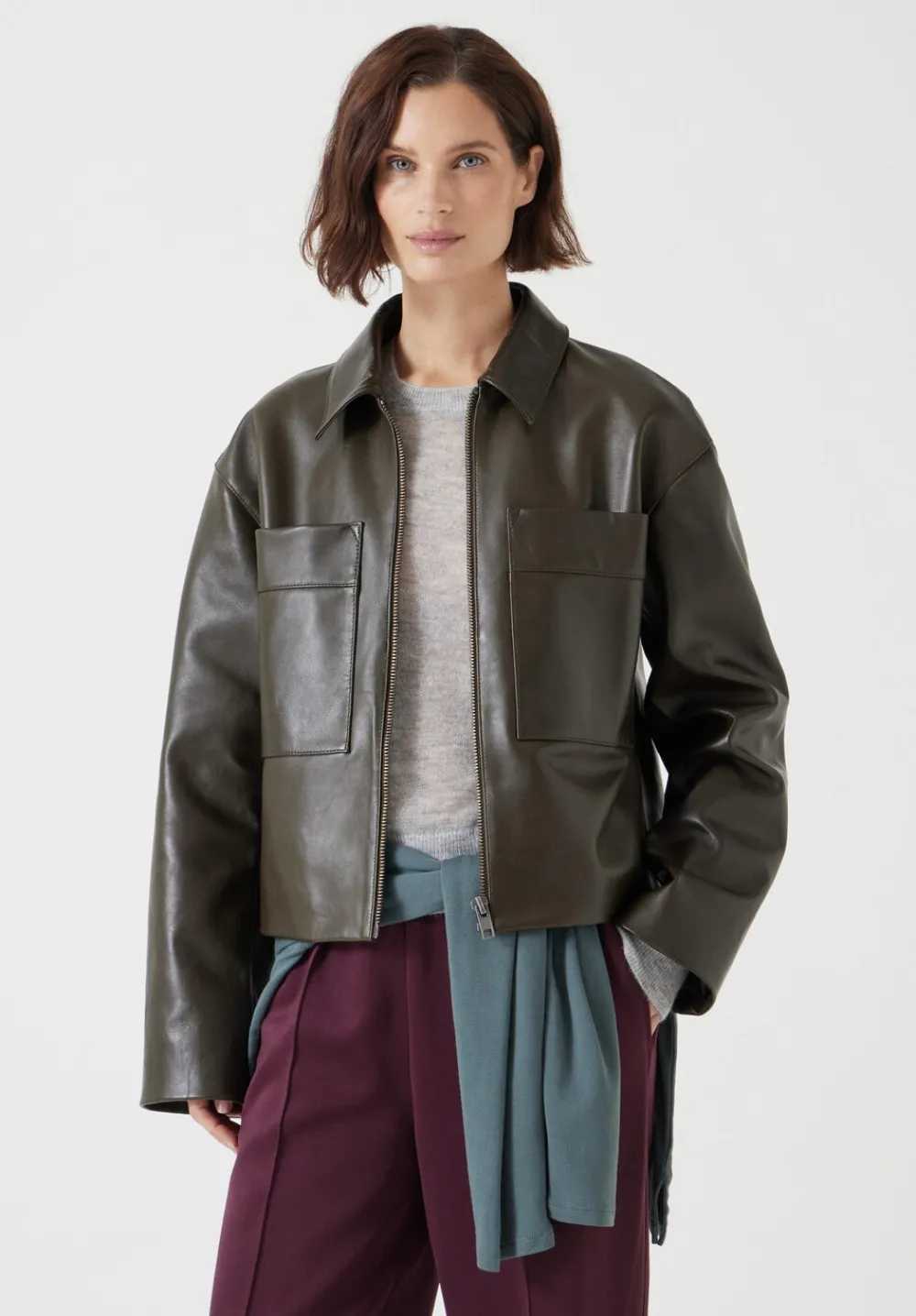 hush Jackets & Coats|Zip Front Leather Jacket Olive Green
