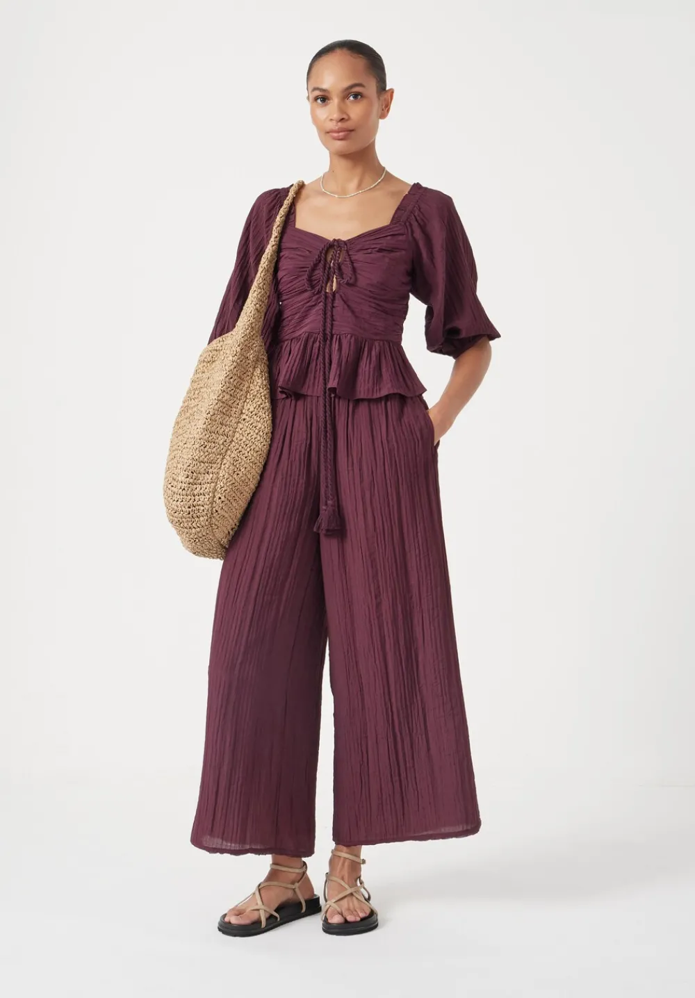 hush Tops & T-Shirts|Zoe Crinkle Peplum Top Wine Red