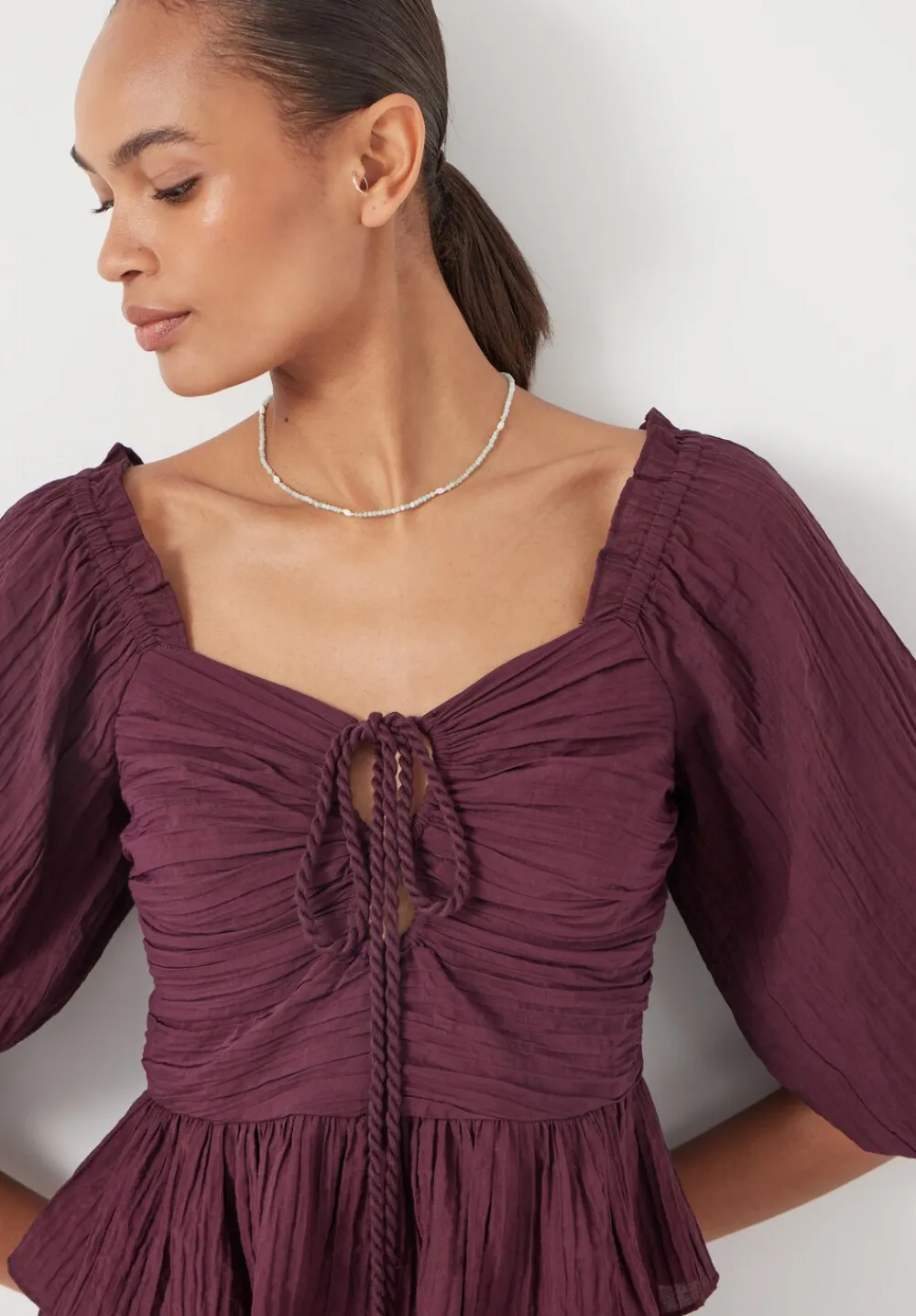 hush Tops & T-Shirts|Zoe Crinkle Peplum Top Wine Red