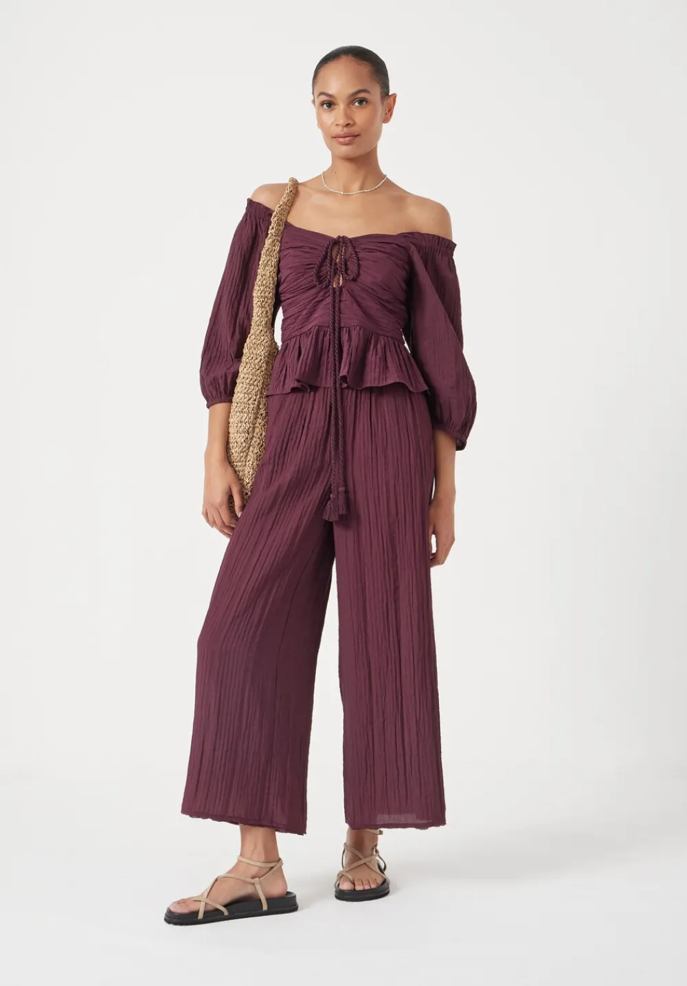 hush Tops & T-Shirts|Zoe Crinkle Peplum Top Wine Red