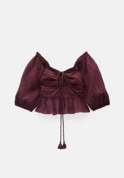 hush Tops & T-Shirts|Zoe Crinkle Peplum Top Wine Red