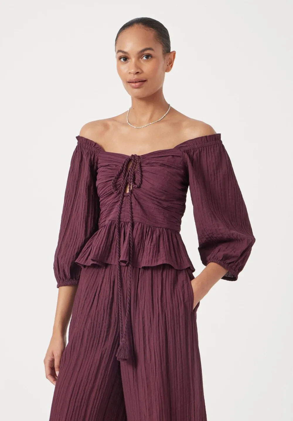 hush Tops & T-Shirts|Zoe Crinkle Peplum Top Wine Red
